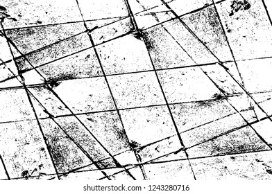 Grunge overlay layer. Abstract black and white vector background. Monochrome vintage surface with dirty pattern in cracks, spots, dots. Old wall in dark horror style design
