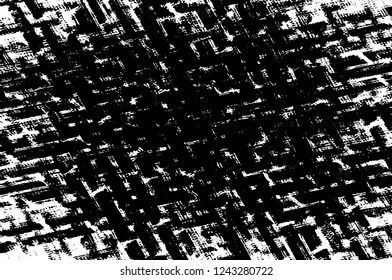 Grunge overlay layer. Abstract black and white vector background. Monochrome vintage surface with dirty pattern in cracks, spots, dots. Old wall in dark horror style design