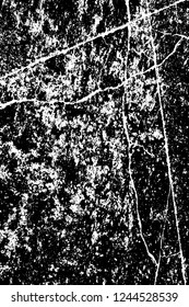 Grunge overlay layer. Abstract black and white vector background. Monochrome vintage surface with dirty pattern in cracks, spots, dots. Old wall in dark horror style design