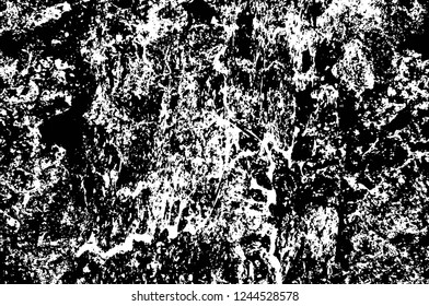 Grunge overlay layer. Abstract black and white vector background. Monochrome vintage surface with dirty pattern in cracks, spots, dots. Old wall in dark horror style design