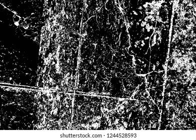 Grunge overlay layer. Abstract black and white vector background. Monochrome vintage surface with dirty pattern in cracks, spots, dots. Old wall in dark horror style design