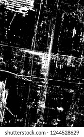 Grunge overlay layer. Abstract black and white vector background. Monochrome vintage surface with dirty pattern in cracks, spots, dots. Old wall in dark horror style design