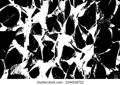 Grunge overlay layer. Abstract black and white vector background. Monochrome vintage surface with dirty pattern in cracks, spots, dots. Old wall in dark horror style design
