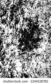 Grunge overlay layer. Abstract black and white vector background. Monochrome vintage surface with dirty pattern in cracks, spots, dots. Old wall in dark horror style design