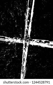 Grunge overlay layer. Abstract black and white vector background. Monochrome vintage surface with dirty pattern in cracks, spots, dots. Old wall in dark horror style design