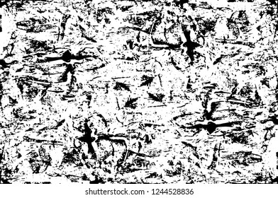 Grunge overlay layer. Abstract black and white vector background. Monochrome vintage surface with dirty pattern in cracks, spots, dots. Old wall in dark horror style design
