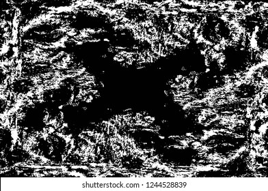 Grunge overlay layer. Abstract black and white vector background. Monochrome vintage surface with dirty pattern in cracks, spots, dots. Old wall in dark horror style design