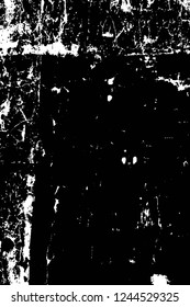 Grunge overlay layer. Abstract black and white vector background. Monochrome vintage surface with dirty pattern in cracks, spots, dots. Old wall in dark horror style design