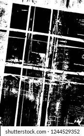 Grunge overlay layer. Abstract black and white vector background. Monochrome vintage surface with dirty pattern in cracks, spots, dots. Old wall in dark horror style design