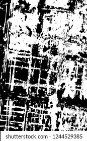 Grunge overlay layer. Abstract black and white vector background. Monochrome vintage surface with dirty pattern in cracks, spots, dots. Old wall in dark horror style design