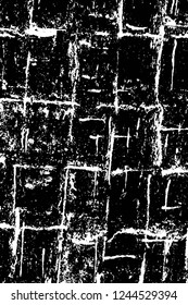 Grunge overlay layer. Abstract black and white vector background. Monochrome vintage surface with dirty pattern in cracks, spots, dots. Old wall in dark horror style design
