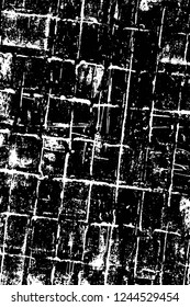 Grunge overlay layer. Abstract black and white vector background. Monochrome vintage surface with dirty pattern in cracks, spots, dots. Old wall in dark horror style design