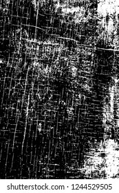 Grunge overlay layer. Abstract black and white vector background. Monochrome vintage surface with dirty pattern in cracks, spots, dots. Old wall in dark horror style design