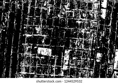 Grunge overlay layer. Abstract black and white vector background. Monochrome vintage surface with dirty pattern in cracks, spots, dots. Old wall in dark horror style design