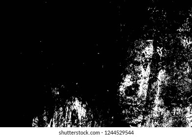 Grunge overlay layer. Abstract black and white vector background. Monochrome vintage surface with dirty pattern in cracks, spots, dots. Old wall in dark horror style design