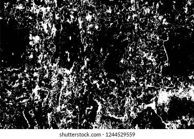 Grunge overlay layer. Abstract black and white vector background. Monochrome vintage surface with dirty pattern in cracks, spots, dots. Old wall in dark horror style design