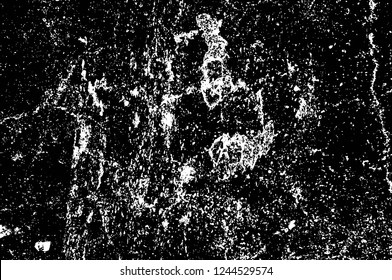 Grunge overlay layer. Abstract black and white vector background. Monochrome vintage surface with dirty pattern in cracks, spots, dots. Old wall in dark horror style design