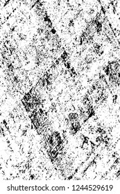 Grunge overlay layer. Abstract black and white vector background. Monochrome vintage surface with dirty pattern in cracks, spots, dots. Old wall in dark horror style design