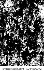Grunge overlay layer. Abstract black and white vector background. Monochrome vintage surface with dirty pattern in cracks, spots, dots. Old wall in dark horror style design