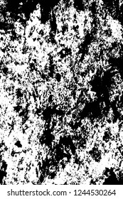 Grunge overlay layer. Abstract black and white vector background. Monochrome vintage surface with dirty pattern in cracks, spots, dots. Old wall in dark horror style design