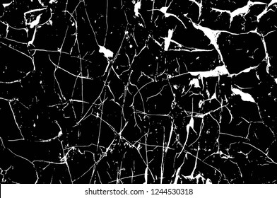 Grunge overlay layer. Abstract black and white vector background. Monochrome vintage surface with dirty pattern in cracks, spots, dots. Old wall in dark horror style design