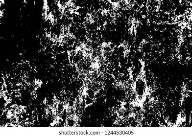 Grunge overlay layer. Abstract black and white vector background. Monochrome vintage surface with dirty pattern in cracks, spots, dots. Old wall in dark horror style design