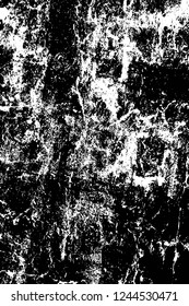 Grunge overlay layer. Abstract black and white vector background. Monochrome vintage surface with dirty pattern in cracks, spots, dots. Old wall in dark horror style design