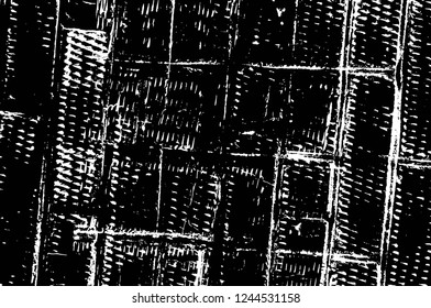 Grunge overlay layer. Abstract black and white vector background. Monochrome vintage surface with dirty pattern in cracks, spots, dots. Old wall in dark horror style design
