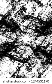 Grunge overlay layer. Abstract black and white vector background. Monochrome vintage surface with dirty pattern in cracks, spots, dots. Old wall in dark horror style design