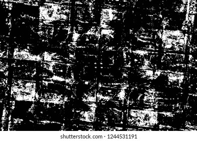 Grunge overlay layer. Abstract black and white vector background. Monochrome vintage surface with dirty pattern in cracks, spots, dots. Old wall in dark horror style design