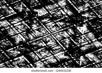 Grunge overlay layer. Abstract black and white vector background. Monochrome vintage surface with dirty pattern in cracks, spots, dots. Old wall in dark horror style design
