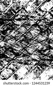 Grunge overlay layer. Abstract black and white vector background. Monochrome vintage surface with dirty pattern in cracks, spots, dots. Old wall in dark horror style design