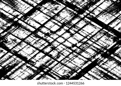 Grunge Overlay-Schicht. Abstrakter schwarz-weißer Vektorhintergrund. Einfarbige Vintage-Oberfläche mit schmutzigen Mustern in Rissen, Flecken, Punkten. Alte Wand im dunklen Horrorstil-Design