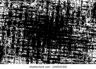 Grunge overlay layer. Abstract black and white vector background. Monochrome vintage surface with dirty pattern in cracks, spots, dots. Old wall in dark horror style design