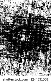 Grunge overlay layer. Abstract black and white vector background. Monochrome vintage surface with dirty pattern in cracks, spots, dots. Old wall in dark horror style design