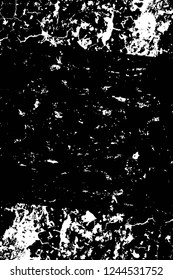 Grunge overlay layer. Abstract black and white vector background. Monochrome vintage surface with dirty pattern in cracks, spots, dots. Old wall in dark horror style design