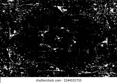 Grunge overlay layer. Abstract black and white vector background. Monochrome vintage surface with dirty pattern in cracks, spots, dots. Old wall in dark horror style design