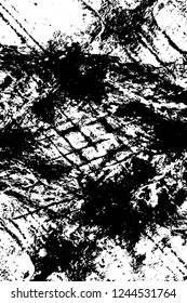 Grunge overlay layer. Abstract black and white vector background. Monochrome vintage surface with dirty pattern in cracks, spots, dots. Old wall in dark horror style design