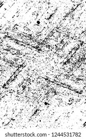 Grunge overlay layer. Abstract black and white vector background. Monochrome vintage surface with dirty pattern in cracks, spots, dots. Old wall in dark horror style design