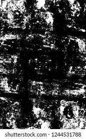Grunge overlay layer. Abstract black and white vector background. Monochrome vintage surface with dirty pattern in cracks, spots, dots. Old wall in dark horror style design