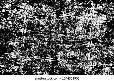 Grunge overlay layer. Abstract black and white vector background. Monochrome vintage surface with dirty pattern in cracks, spots, dots. Old wall in dark horror style design
