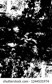Grunge overlay layer. Abstract black and white vector background. Monochrome vintage surface with dirty pattern in cracks, spots, dots. Old wall in dark horror style design