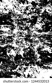 Grunge overlay layer. Abstract black and white vector background. Monochrome vintage surface with dirty pattern in cracks, spots, dots. Old wall in dark horror style design