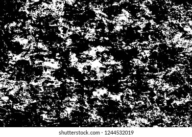 Grunge overlay layer. Abstract black and white vector background. Monochrome vintage surface with dirty pattern in cracks, spots, dots. Old wall in dark horror style design