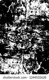 Grunge overlay layer. Abstract black and white vector background. Monochrome vintage surface with dirty pattern in cracks, spots, dots. Old wall in dark horror style design