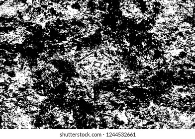 Grunge overlay layer. Abstract black and white vector background. Monochrome vintage surface with dirty pattern in cracks, spots, dots. Old wall in dark horror style design