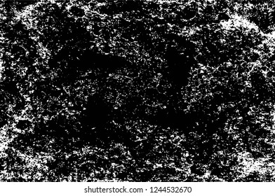 Grunge overlay layer. Abstract black and white vector background. Monochrome vintage surface with dirty pattern in cracks, spots, dots. Old wall in dark horror style design