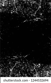Grunge overlay layer. Abstract black and white vector background. Monochrome vintage surface with dirty pattern in cracks, spots, dots. Old wall in dark horror style design