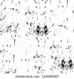 Grunge overlay layer. Abstract black and white vector background. Monochrome vintage surface with dirty pattern in cracks, spots, dots. Old wall in dark horror style design