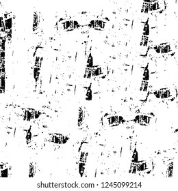 Grunge overlay layer. Abstract black and white vector background. Monochrome vintage surface with dirty pattern in cracks, spots, dots. Old wall in dark horror style design
